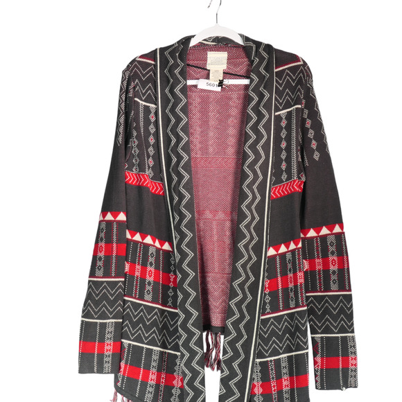 Designers Closet Billabong Cardigan Sweater Women Large Gray Long Tribal Fringe - Picture 3 of 9